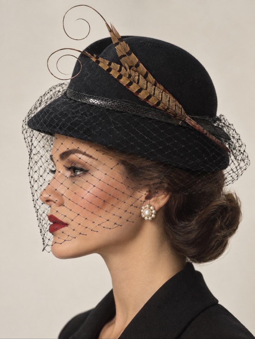 Vtg Adolfo II New York Paris Black Wool Felt Cocktail Hat Birdcage Veil Feather